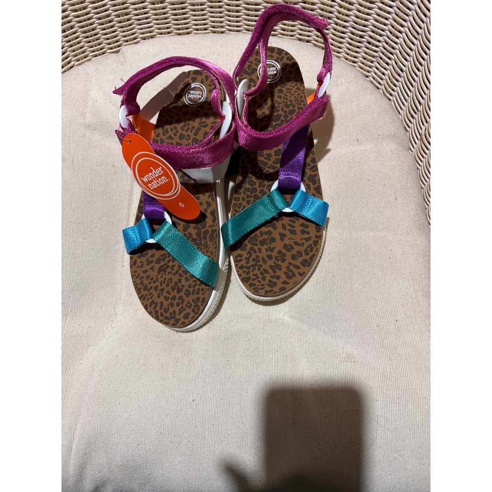 Wonder Nation Girls Multi Color Ankle Strap Sandals Leopard Print Footbed Size 6